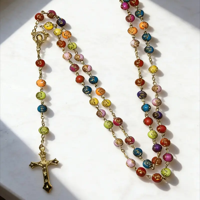 Colorful Resin Rose Beaded Cross Pendant Long Necklace, Unisex Vintage Design Prayer Faith Necklace, Casual All-Season Jewelry, Boho Style Jewelry, Trendy Charms Necklace, Cross Necklaces