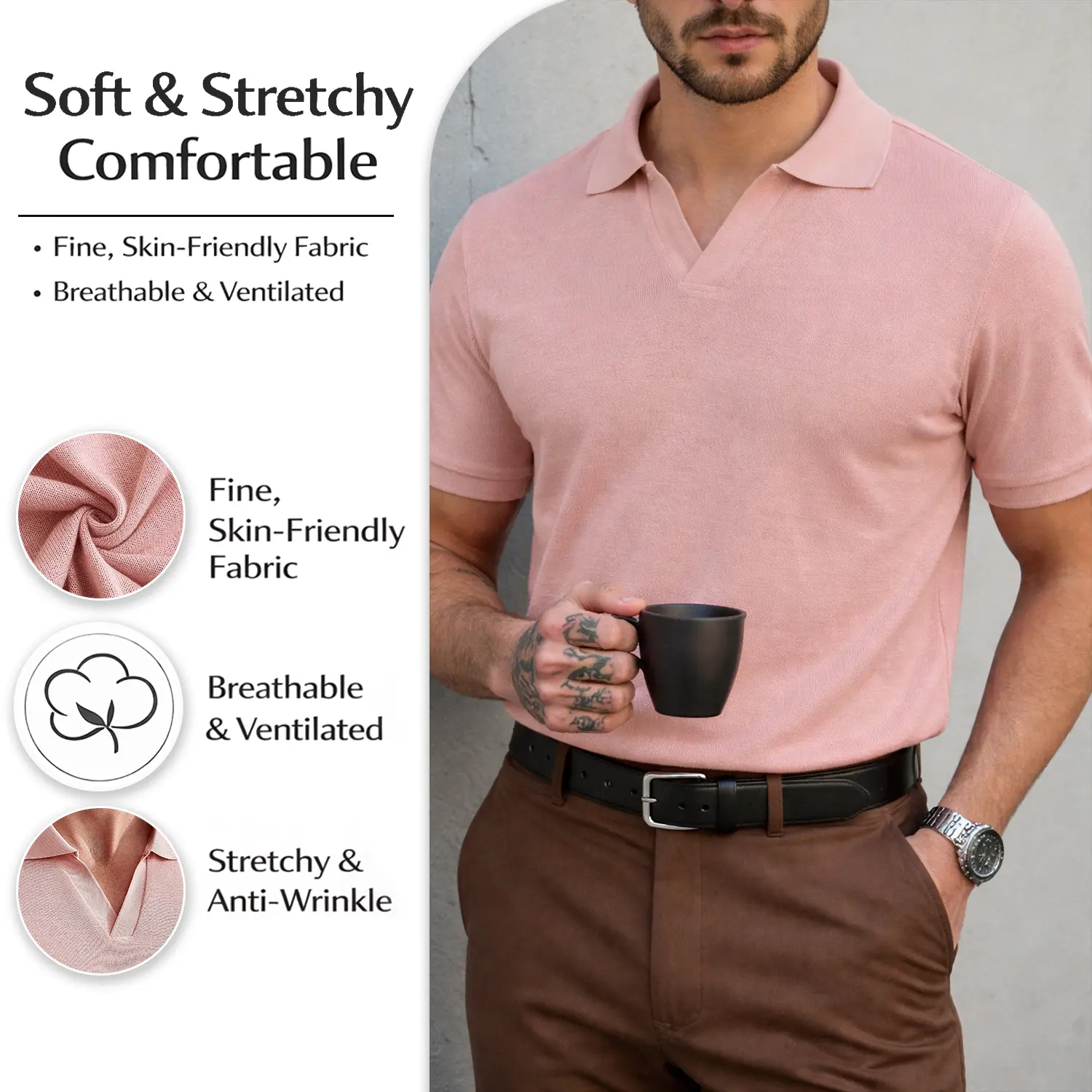 Men’s solid-color lightweight polo shirt with a turn-down collar, made from skin-friendly, wear-resistant fabric. A stylish, minimalist V-neck top suitable for work, dates, casual outings, and perfect for summer travel. Casual style.