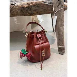 Vegan Leather Top Handle Bucket Bags With Strawberry Drawstring Crossbody Purse Vintage Tote BagPurses For Women Purse PU Leather Strawberry Keychain Bag Charm For Handbags Tote Bags & Backpacks Cute Leather Purse, Mini Coin Purse, Kawaii Charm For Women