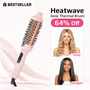 1.5-in Salon Heated Round Thermal Brush with LED Display, Adjustable Dual Voltage, Pink, Negative Ions, Less Damage, Precise Curling, Detangler, Dual-Function for Wavy Hair, Long-Lasting Waves