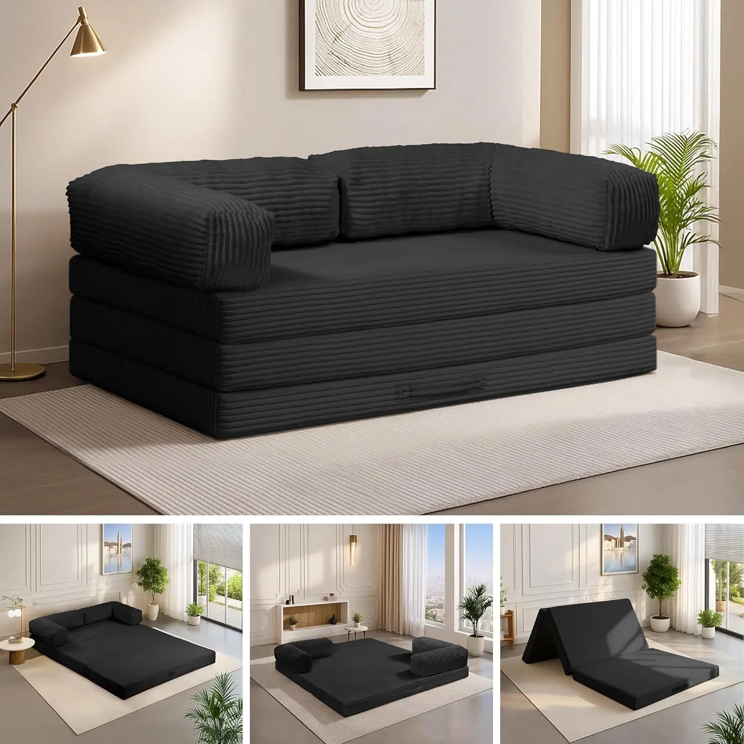 Winzoo 5-in-1 Convertible Sofa Bed,54" Boneless Couch Tri Folding Floor Mattress with Removable L-Shaped Armrests & Handle,Corduroy Futon Couch Sleeper with Pull Out Bed for Living Room Bedroom Apartment