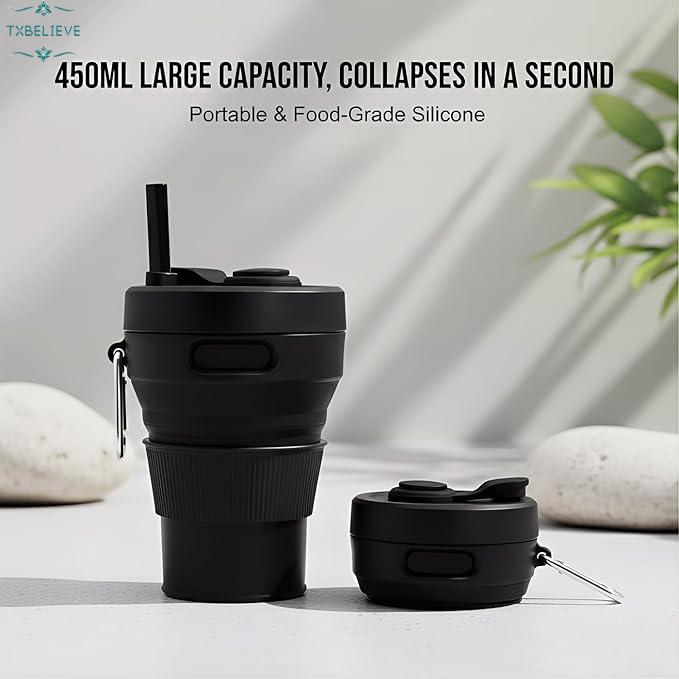 Silicone Coffee Mug Collapsible Cups for Camping Folding Travel with Straw Reusable Portable Drinking Cups Outdoor Hiking 450ml (Green-450ml, 1)