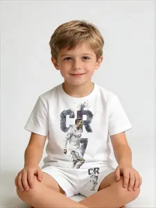 Boys Real Madrid Football Fan Outfit Set Summer CR7 Cristiano Ronaldo Shatter Style Realistic Print Short Sleeve T Shirt + Shorts 2 Piece Set Kids Casual Sport Wear for School Appropriate Daily Football Match & Fan Gathering