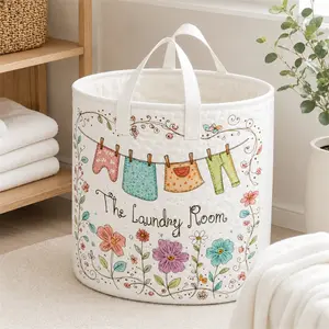 Wildflower Quilted Laundry Basket with Handles, Floral Storage Basket for Clothes, Toys, Towels & Blankets, Large Capacity Soft Home Organizer Tote for Bedroom, Bathroom, Nursery, Dorm Room & Laundry Room