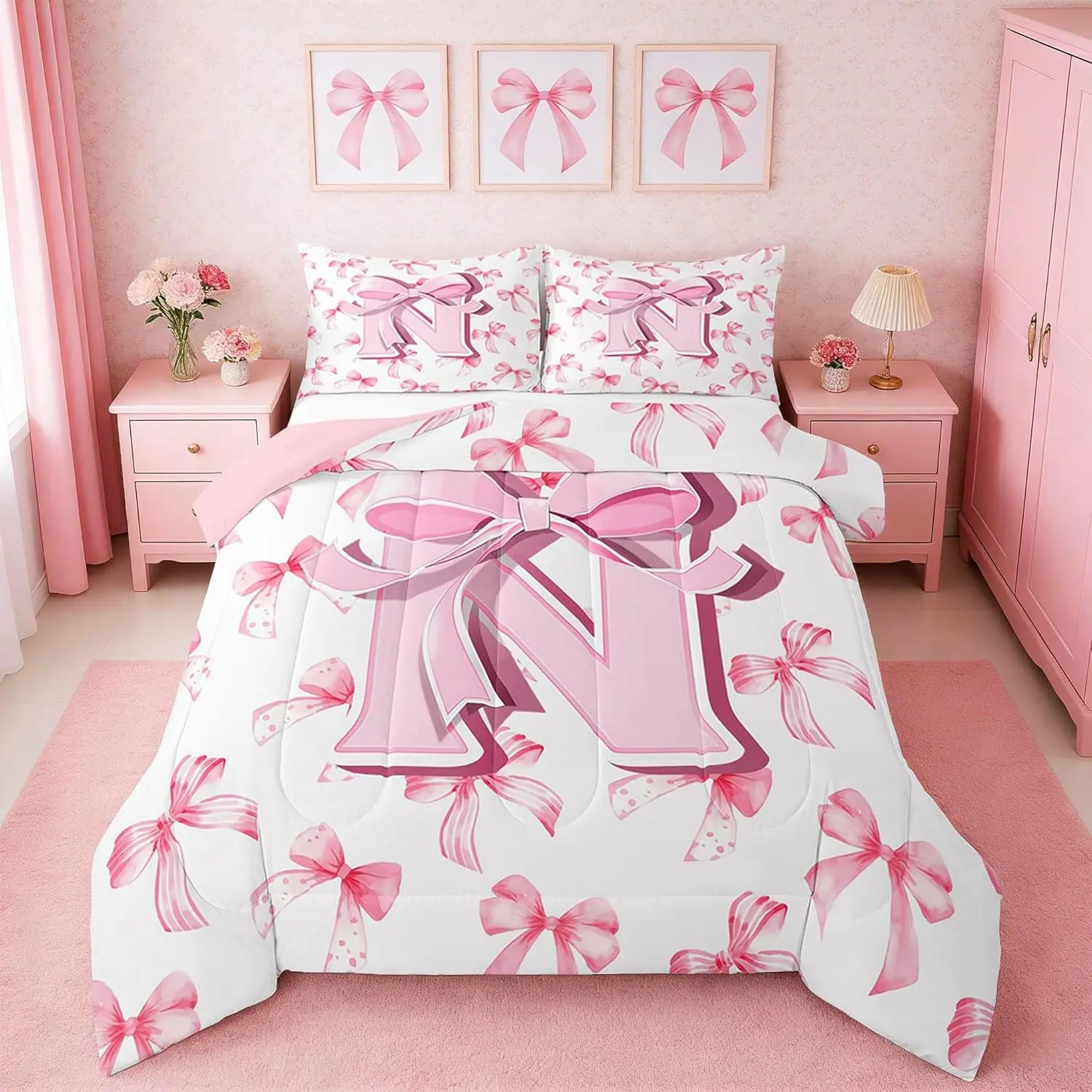 Kids Cute Pink Bow Comforter Set Monogrammed Bedding Set Ultra Soft Personalized Initial N Duvet Quilt Coquette Bow Knot Quilt Set Room Decor Modern Fashion Comforter