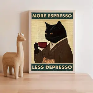 Vintage Black Cat Espresso Canvas Wall Art Poster – 2D Flat Coffee Print for Bedroom, Office, Living Room, Cafe & Dorm Decor