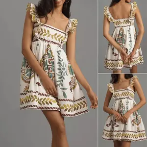 Women's Mini A-Line Dress, Ruffle Sleeveless Square Neck Short Flowy Dress Bohemian Dress, Ladies Dress for Indoor Outdoor Wear, Ladies Clothes for Daily Wear, Casual Dress