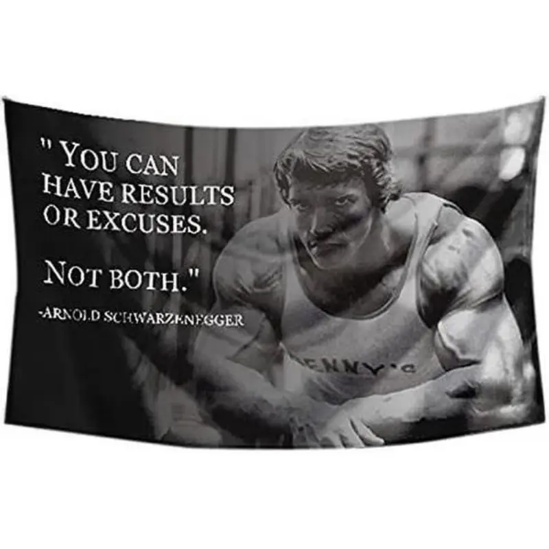 3x5ft & 40x30in Multi-Size Motivation Polyester Tapestry Flag - Arnold Schwarzenegger "You Can Have Results Or Excuses Not Both", Strong, Hand Washable, Full Print, School Dorm Decor, Indoor Home Living Room Decor, Indoor/Outdoor Home Supply