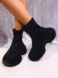 Women's New Fluorescent Rhinestone Short Boots, Thick Sole Height Increasing Elastic Skinny Boots, Sparkle Slip-On Boots