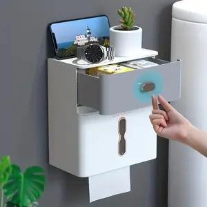 1pc Bathroom Double-layer Storage Rack, Bathroom Organizers, Roll Paper Tissue Box, Toilet Wall-mounted Large Capacity Punch-free Tissue Holder