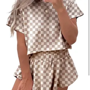 Checkered Two-Piece Set with Short Sleeves and Flared Bottoms, Brown and White Pattern, Casual Style