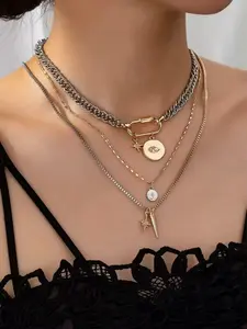 Elegant Metal Minimalist Two-Tone Layered Necklace, Unique Trendy Eye-Shaped Pendant Choker, Fashionable Multi-Layer Wear, Casual All-Season Style, Exquisite Chain Jewelry