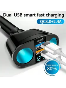 QC3.0 Car Charger, High Speed Charger, High Efficiency Charger, Cigarette Lighter Socket Splitter, 12V/24V Dual USB Power Adapter, 5-Port Car Socket, Universal Car Adapter, suitable for mobile phones, DVRs (Type-C port), 66W Super Fast Charging