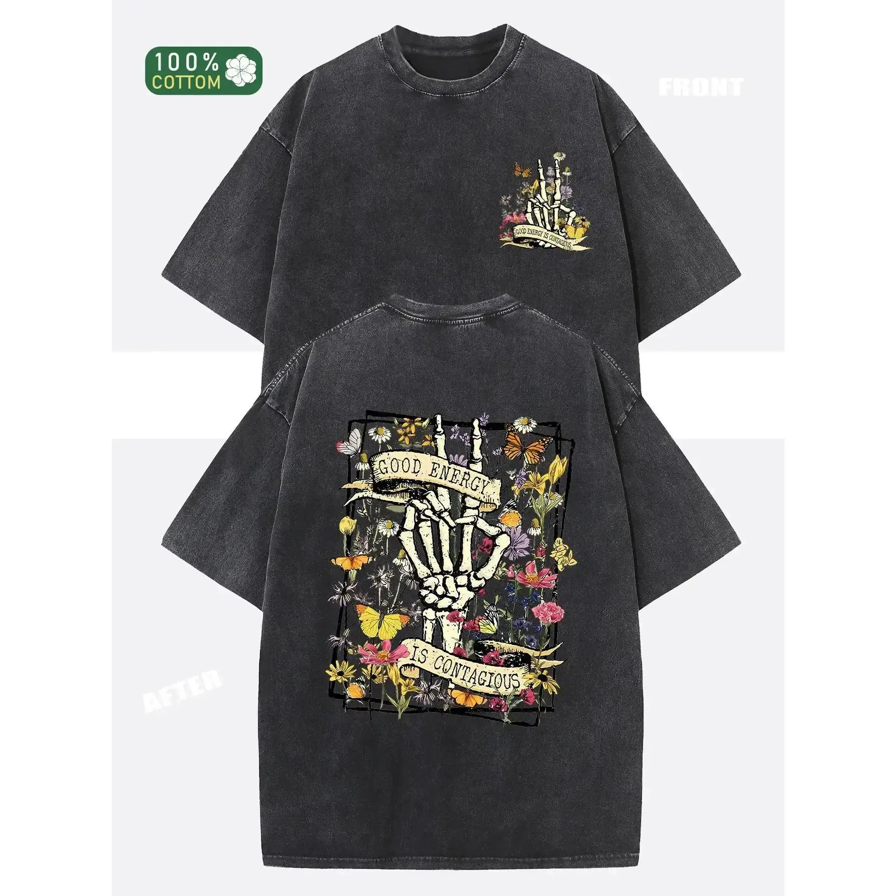 250g Heavyweight Washed T-Shirt - GOOD ENERGY IS CONTAGIOUS Retro Distressed Double-Sided Graphic Print, Oversized Unisex Streetwear Tee with Vintage 90s Inspired Design, Loose Fit Round Neck Short Sleeve Top for Men & Women, All-Season Cas boyfriend  tee