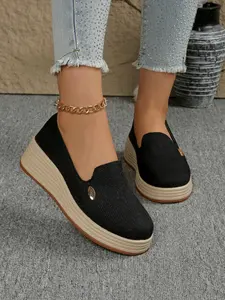 Women's Simple Slip-On Wedge Shoes, Breathable Canvas Material, Comfortable One-Step On, Lazy Outdoor Shoes, Elegant Style, Slip On Wedges