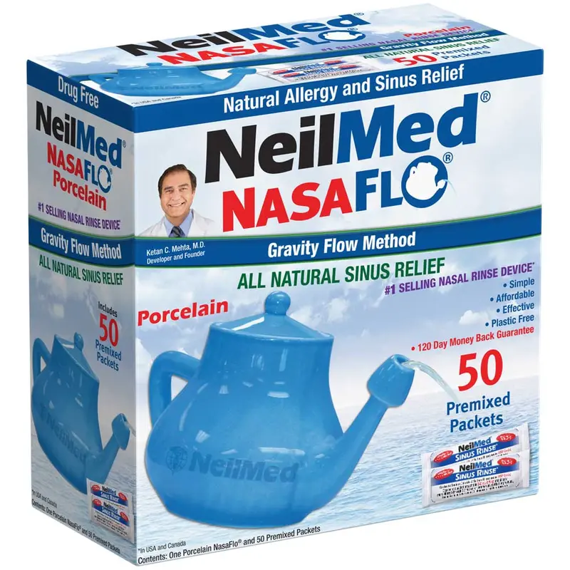 NeilMed NasaFlo Neti Pot Porcelain with 50 Packets for Natural Allergy Relief & Sinus Care - Easy Flow, No Spill Design - Soothing