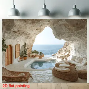 Summervibes 2D Cave Ocean View Lounge Chair Design Backdrop - 1pc Durable Polyester Banner, Ideal for Weddings, Birthdays, Indoor & Outdoor Home Use, Birthday