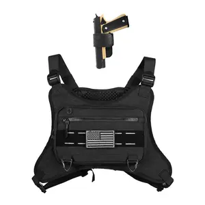 Men's Tactical Running Chest Pack with Adjustable Straps Reflective Safety Strips US Flag Patch Durable 1000D Nylon for Hiking Workouts Outdoor Activities Protective Gear Vests