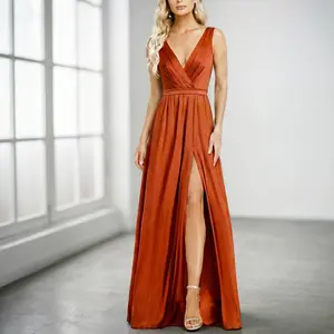 Woman's Rust Orange Maxi Dress Deep V Neck Slit High Waist A-line Prom Wedding Bridesmaid Graduation Party Dress Elegant Flowy Long Gown