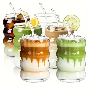 Cute Caterpillar Glass Cups, High Borosilicate Retro Ripple Design, Perfect for Tea Coffee Juice Wine, Includes Straw & Brush, Ideal Gift