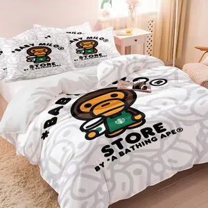 BAPE Baby Milo Starbucks Collaboration Duvet Cover Set & 1-2 Pillowcases, White Background with Cartoon Monkey Holding Coffee Cup, Soft Comfortable Bedding, Trendy Coffee Lifestyle Bedroom Decor, Gift for Fan