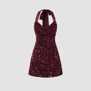 Cider [size 0-26] Sequin V-neck Halter Mini Dress