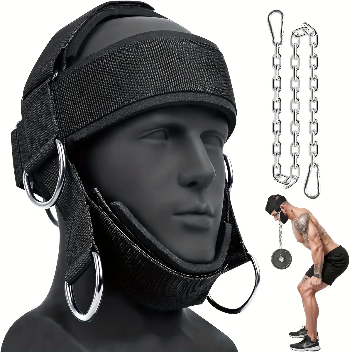Heavy-Duty Neck Harness - Neck Exerciser with 30" Chains, 280 lbs Weight Capacity, Adjustable Head Strap with Nylon Tether & Carabiners - for Gym, MMA, Weightlifting, Bodybuilding - Neck Strength Training Equipment, Mma Workout Gear, Secure Fit Design, St