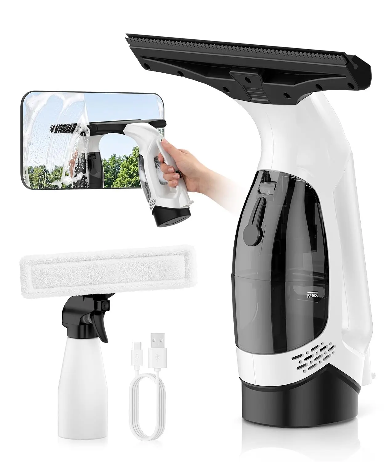 Cordless Window Vacuum Squeegee, 2000Pa Electric Rechargeable Window Cleaner with 200ml Water Tank, Electric Window Cleaner Tool with Spray & Microfiber Pad, for Glass, Mirror, Shower Door, Car Windshield