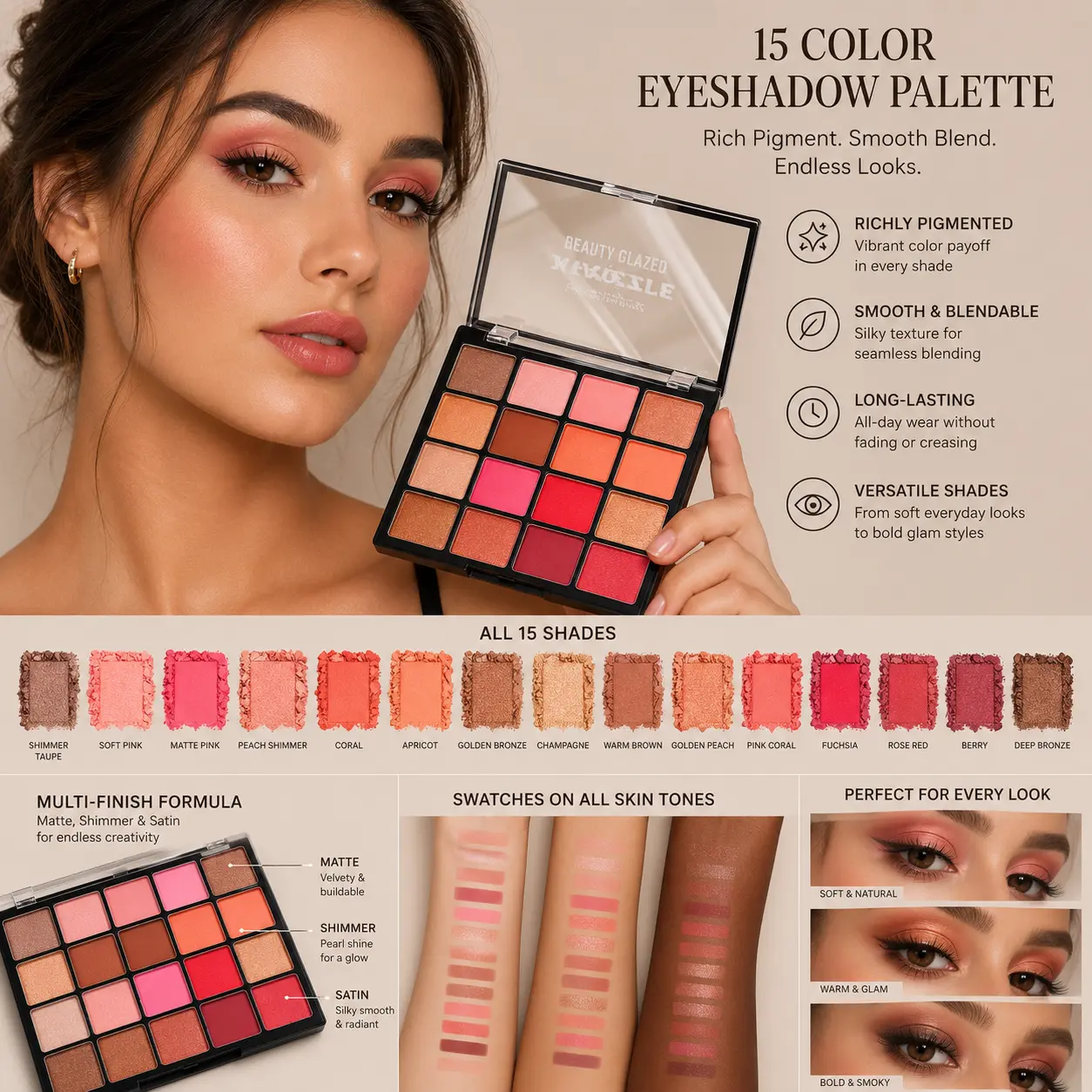 16-Color Pearlescent Eyeshadow Palette, Long-Lasting Highly Pigmented Eye Makeup for Daily Wear & Special Occasions