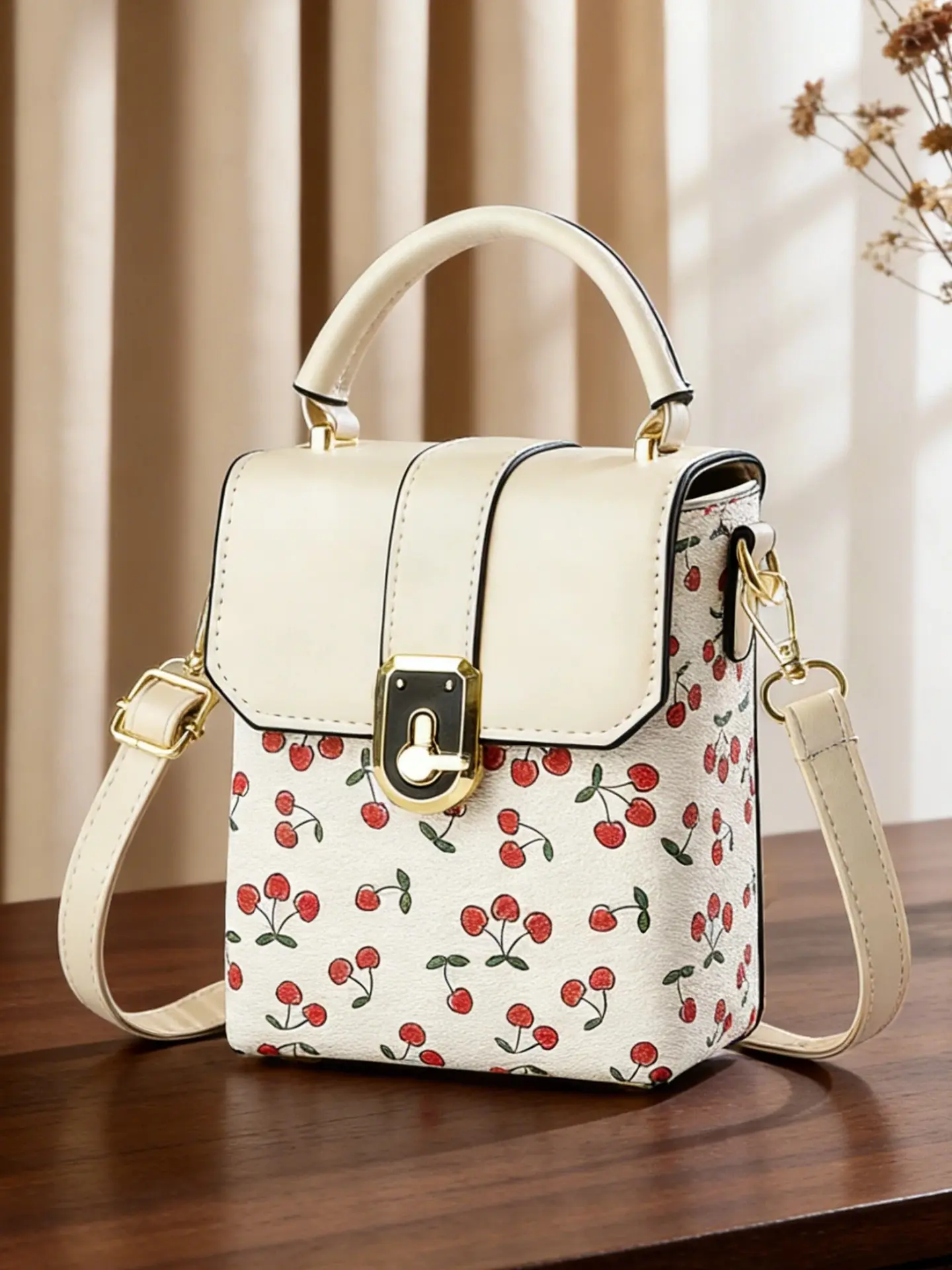 Stylishly designed women's vertical phone bag, women's mini bag, women's shoulder bag messenger bag, Fashionable Daily Crossbody, featuring cherry print pattern design, making it a must-have accessory for women's daily wear