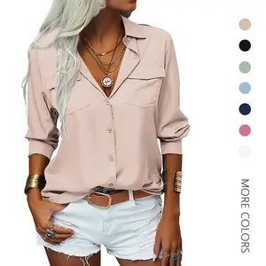 Danedvi Womens Solid Lapel Long Sleeves Button Down Shirt Top Casual Basic Office Blouse