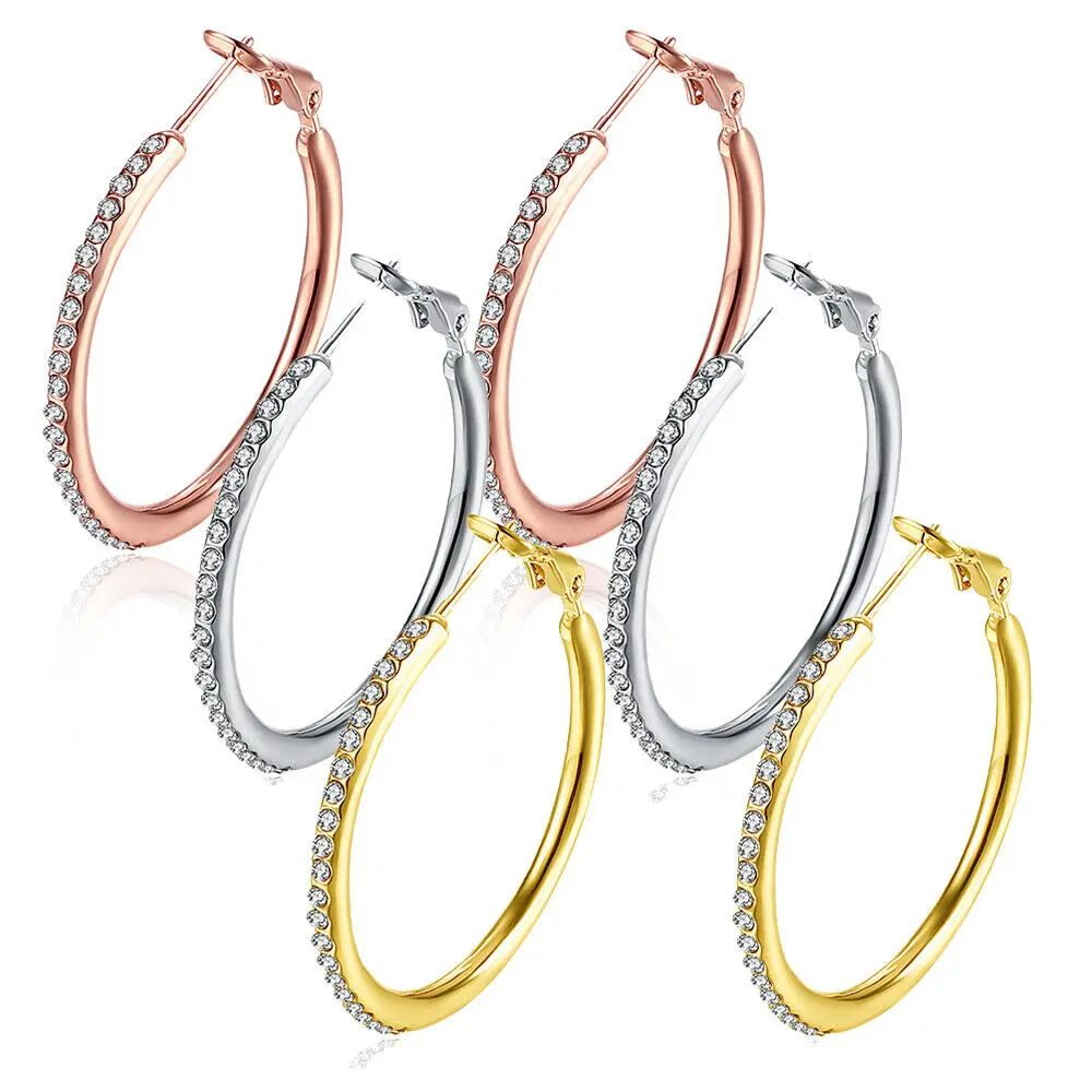 Rose Yellow Gold Silver Zirconia Latch Back Hoop Earrings L113