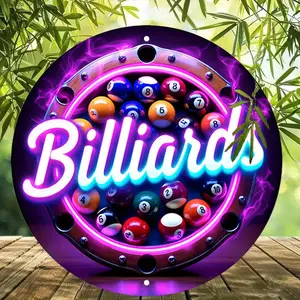 1pc Neon Glow Billiards Pool Balls Metal Sign - 19.99cm Round Wall Art with Vibrant Colors, Rustic Game Night Decor for Home, Garage, Cafe, or Bar,  Perfect for Room Decor