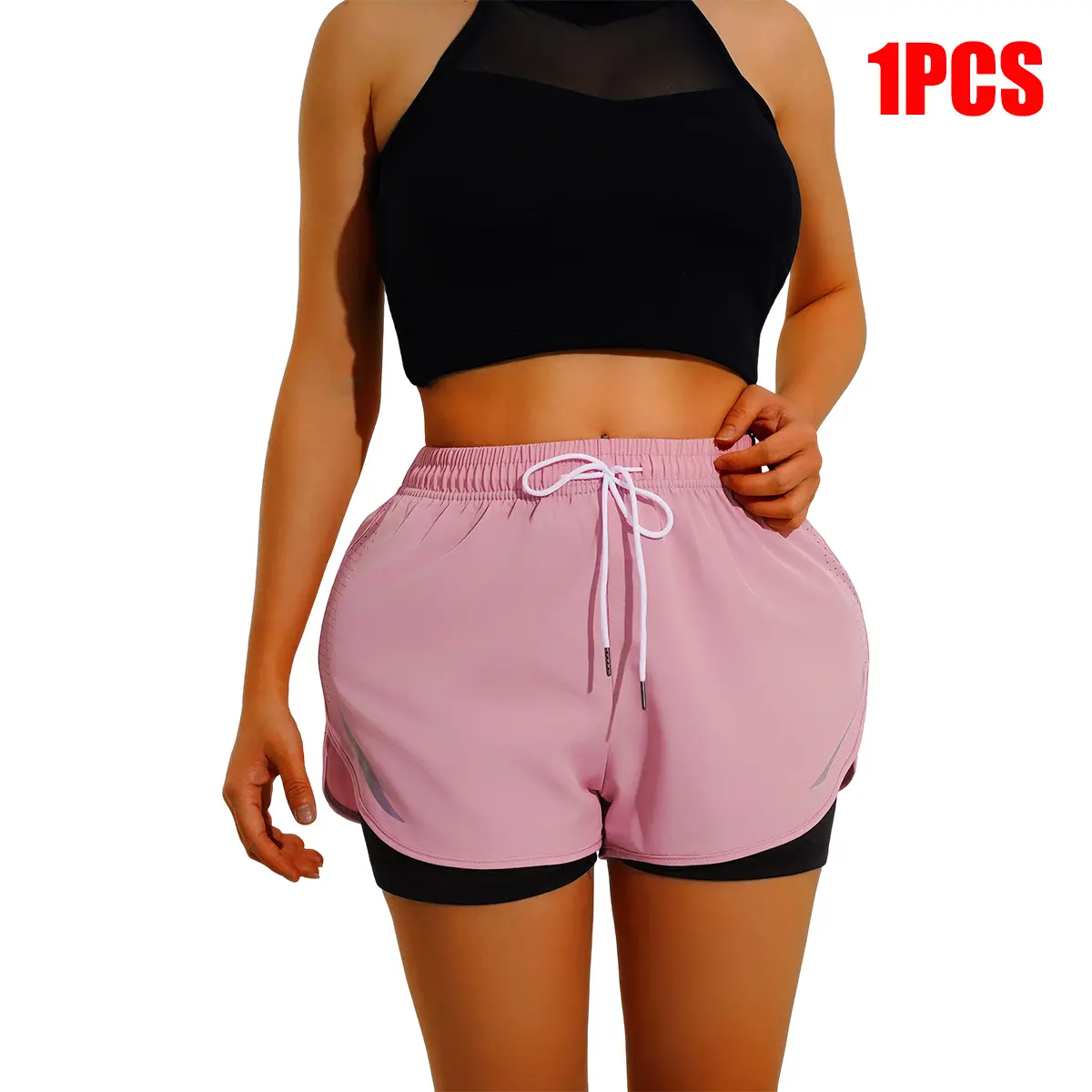 Women’s solid-color casual athletic shorts with a faux two-piece design, available in 5 colors; trendy color options, casual style, drawstring waist, ideal for summer casual wear and perfect as a gift for women.
