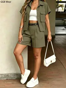 Summer New Olive Casual Set, Short Collared Shirt + High Waist Wide Leg Shorts, Slimming Versatile Two-Piece for Women