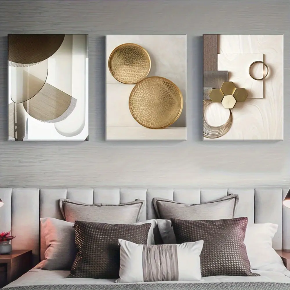 3pcs Modern Geometric Canvas Painting Set - Framed with 3D Visual Effects, Nordic Posters & Prints, Minimalist Abstract Wall Art Illustrations, Ideal for Living Room, Bedroom Home Decor Gifts
