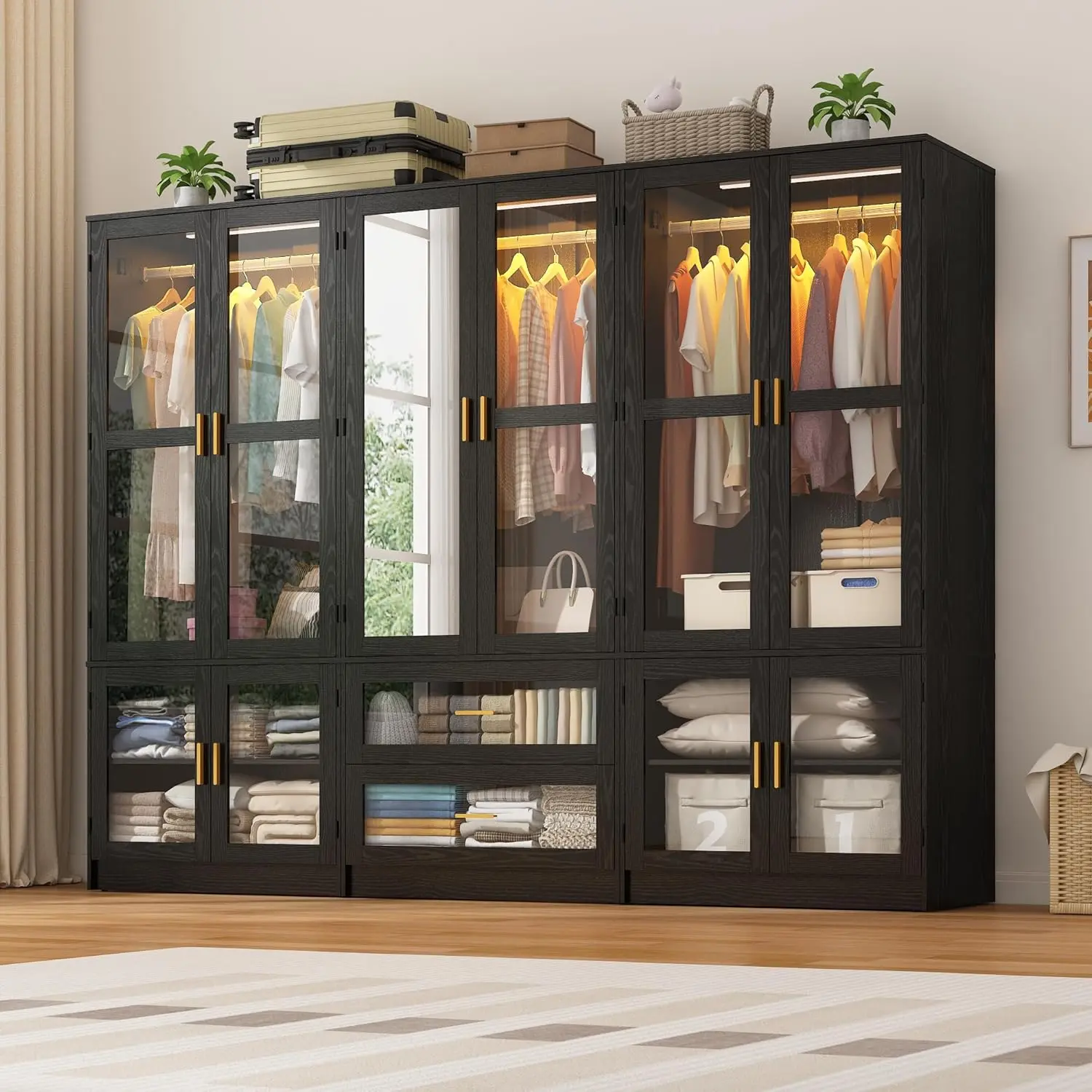2 Doors/4 Doors/6 Doors Armoire Wardrobe Closet with LED,71" H Freestanding Wooden Wardrobe Closet Cabinet for Bedroom,Wooden Clothing Storage Cabinet with Hanging Rod,Closets for Bedroom(White/black)