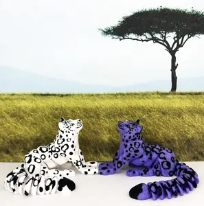 2pcs Articulated Snow Leopard and Purple Leopard, 3D Printed Wild Animal Fidget Toy, White and Pink Jungle Cat 6.5 Inches Executive Desk Toy