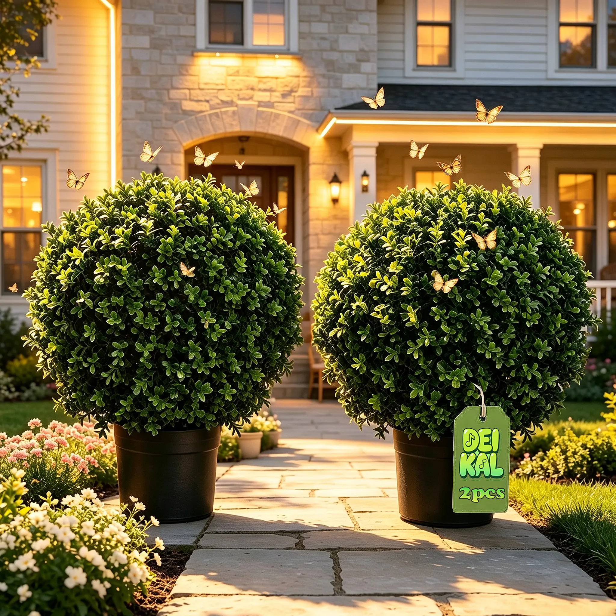 Set of 2 Artificial Boxwood Topiary Ball Trees, 24" Tall UV Protected Fake Bushes, Weather Resistant Artificial Shrubs for Indoor, Front Porch & Garden Outdoor Decor