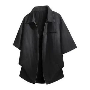 Men’s ribbed zip shirt, loose short-sleeve pullover, street fashion top, solid color versatile for everyday wear, American trend style