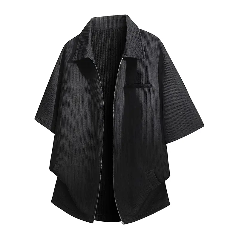 Men's Casual Ribbed Pullover Shirt with Quarter-Zip - Solid Short-Sleeve, Loose Fit American Street Style, Pull On, Foldable, XL Sizes, Baggy, Plain, Collared Neck