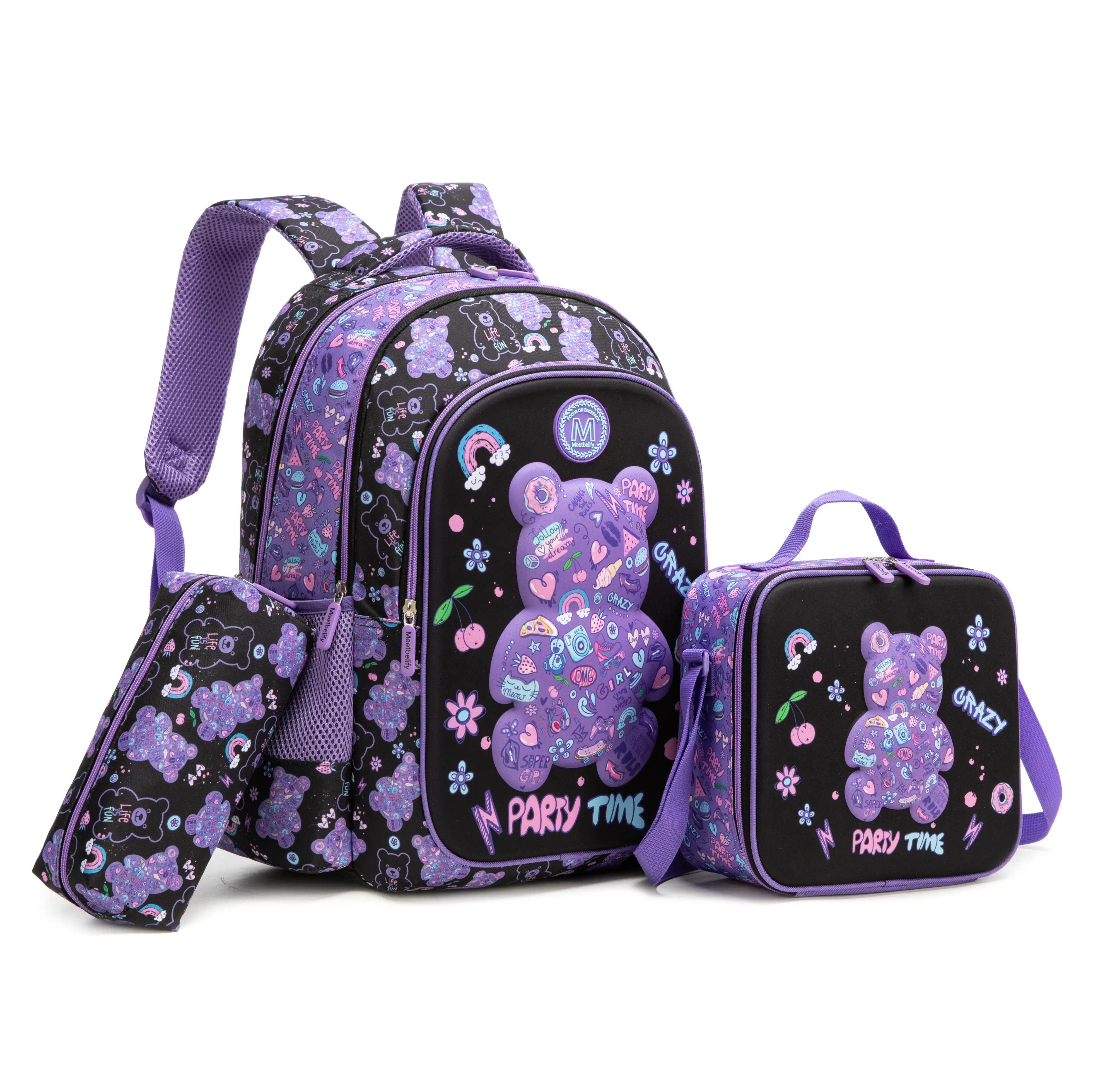 Girls' Nylon 3PCS Multi-Use School Set - Party Time Cartoon Graphic Backpack, Lunch Bag & Pencil Case (Graffiti Purple Doodle Design, Backpacks for Girls)