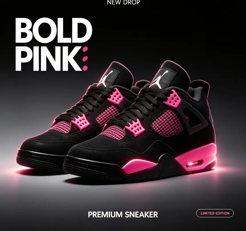 Shock-absorbing Black Pink AJ4 Sneakers for men & women, visible air cushion and anti-slip sole for daily walking and casual basketball sports
