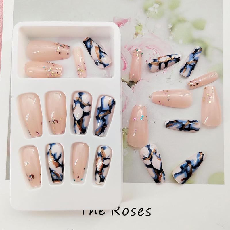 Coffin Press on Nails Medium Length Fake Nails Artificial False Nails with Blue Marble & Sequins Designs Glossy Acrylic Nails Nude Full Cover Glue on Nails for Women 24 Pcs TUZANDW