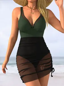 Women's Patchwork Mesh Swimsuit, Slim-Fitting Sexy One-Piece Bathing Suit, Summer Waist Cinching Drawstring Dress Style, Tummy Control Swimwear