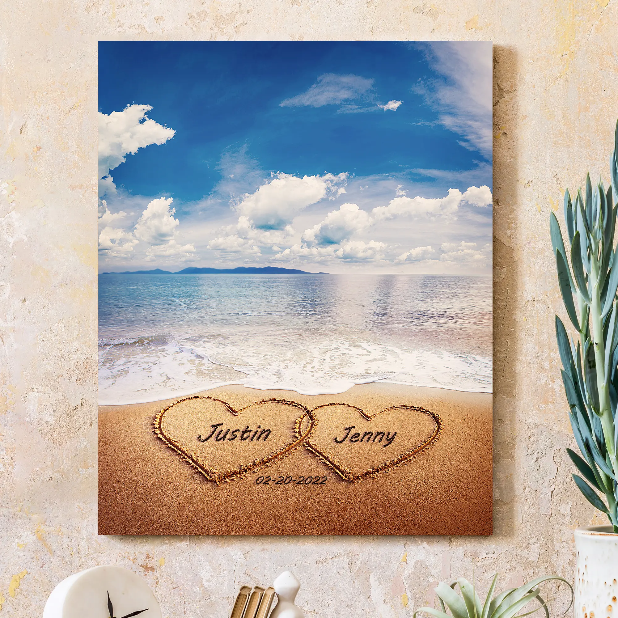 Couple's Name and Date in Heart sign on Sand personalized Canvas Prints Love Gift for Anniversary,Wedding,Birthday and Holidays