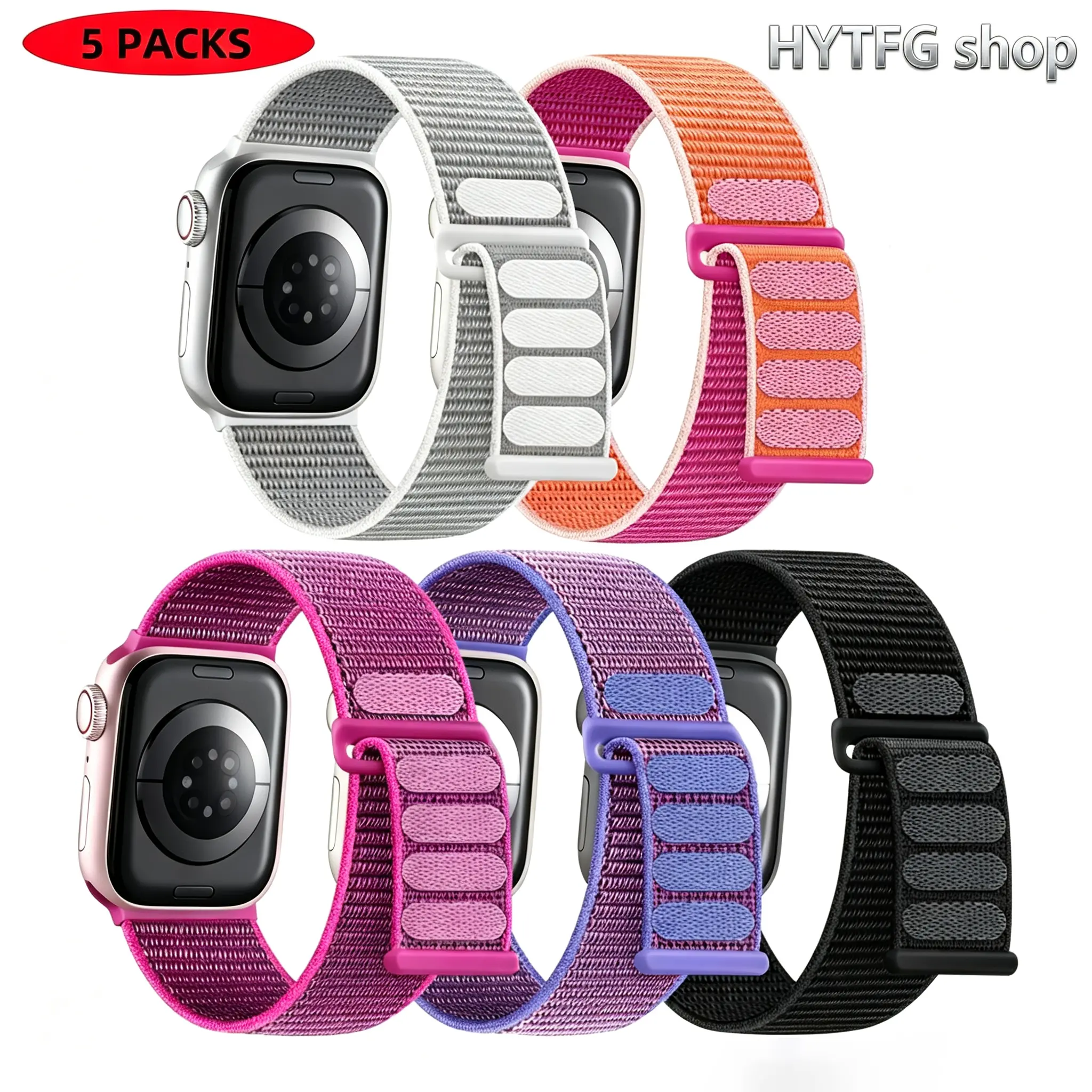 5‑Pack Nylon Velcro Sport Loop Watch Band, Lightweight Comfort Durable Replacement Strap, Adjustable Flexible Wearable Accessory Compatible with Apple Watch, Ideal for Sports Everyday & Spring Wear (Apple Watch NOT INCLUDED)