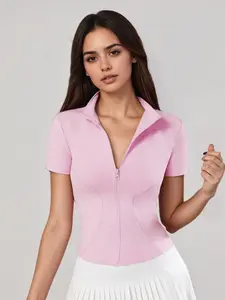 Women's Slim-Fit Zipper Shirt, Short Sleeve Stand Collar, Everyday Activewear, Casual Tennis Top, Ideal for Tennis and Daily, Perfect Fit for Women