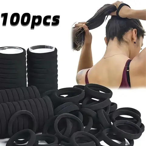 Women's Cotton Scrunchie Set Hair Styling Accessories - 100 Pcs Bulk Black Elastic Hair Ties, Thick Seamless, Unscented, No-Damage Soft, High-Stretch Secure Hold, Everyday Adults' Care for Any Type, Ideal for Creating Ponytails