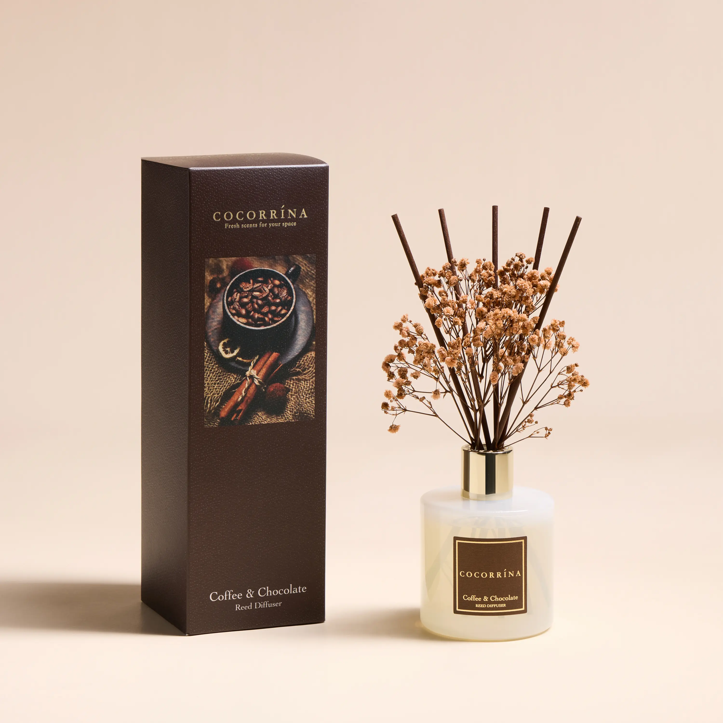 Cocorrína Reed Diffuser Sets - Coffee & Chocolate Scented Diffuser with Sticks Home Fragrance Reed Diffuser for Bathroom Shelf Decor